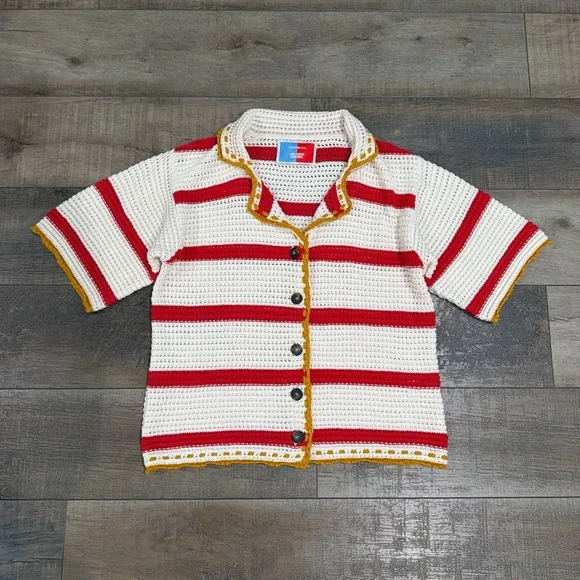 La DoubleJ x Orlebar Brown Salt ‘n’ Vinegar striped crochet top in red/ivory - Picture 2 of 6